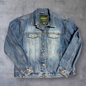 Eddie Bauer Womens Denim Jean Jacket Size L Trucker Basic Blue Dark Wash